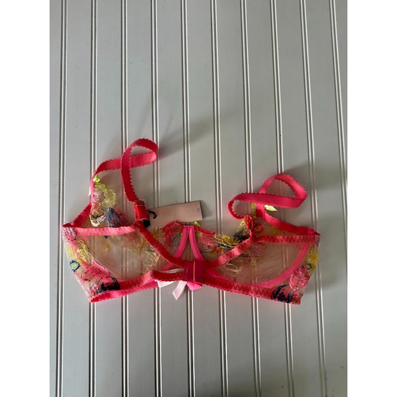 Agent Provocateur Zuri Bra Size 38F Pink Embroidered Floral Mesh Plunge Lingerie - Picture 4 of 10